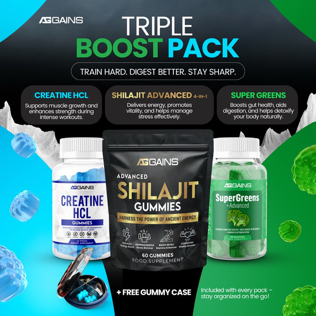 Triple Boost pack Ag gains- creatine HCL, Supergreens & Shilajit Advanced gummies