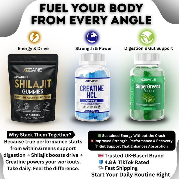 Triple Boost pack Ag gains- creatine HCL, Supergreens & Shilajit Advanced gummies